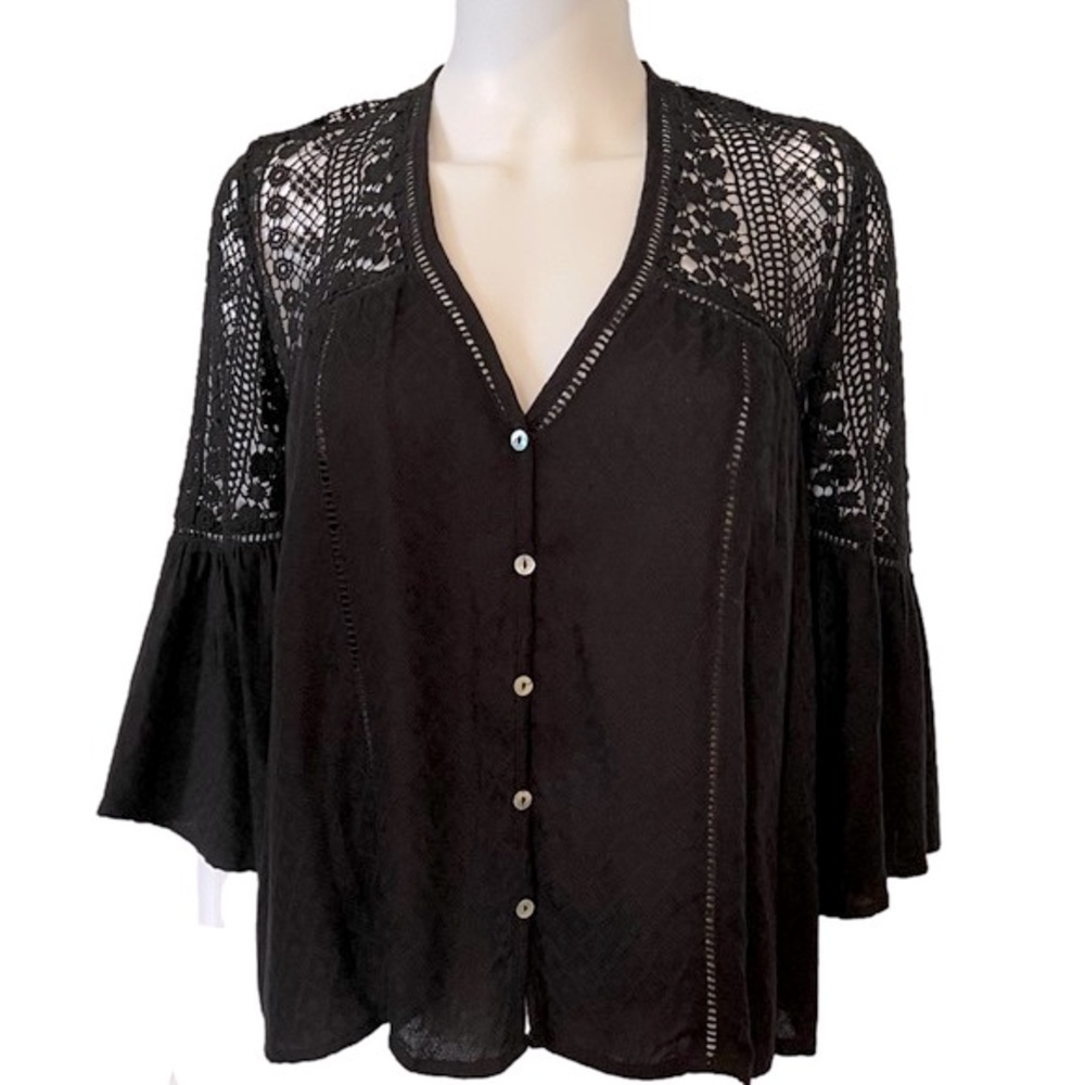 LOVESTITCH Crochet Lace Textured Fabric Bell Sleeve Button Front Boho Top SIZE M